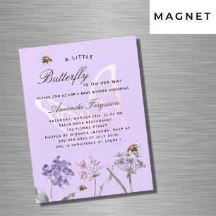 Invitation Magnétique Baby shower papillon fleur sauvage violet luxe
