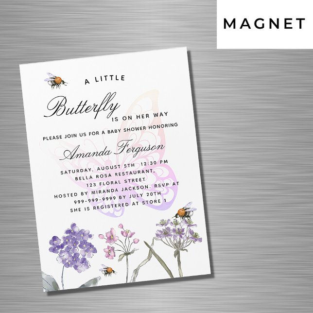 Invitation Magnétique Baby shower papillon fleur sauvage violet luxe (Créateur téléchargé)