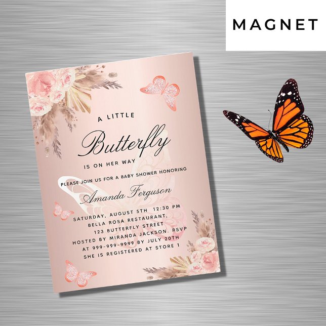 Invitation Magnétique Baby shower papillon rose fille pampas boho luxe (Créateur téléchargé)