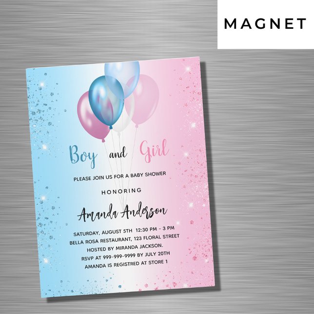 Invitation Magnétique Baby shower rose bleu fille garçon jumeaux luxe (Créateur téléchargé)