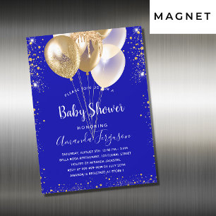 Invitation Magnétique Baby shower royal bleu or ballons de luxe