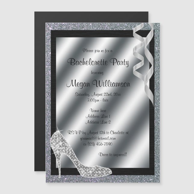 Invitation Magnétique Bachelorette Silver Glittery Stiletto & Streamers (Devant / Derrière)