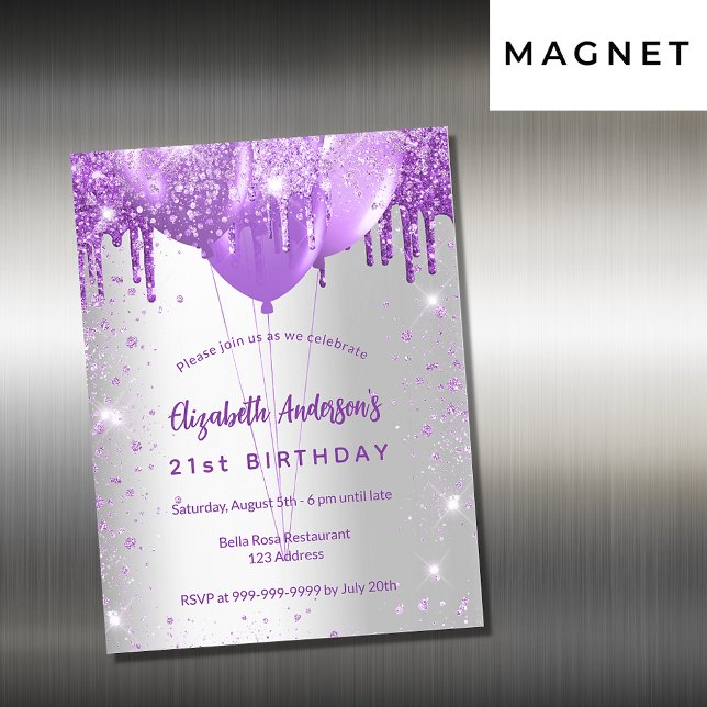 Invitation Magnétique Ballons de parties scintillant violet argent d'ann (Créateur téléchargé)