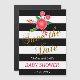 Invitation Magnétique Bandes noir et blanc   Floral rose   Baby shower