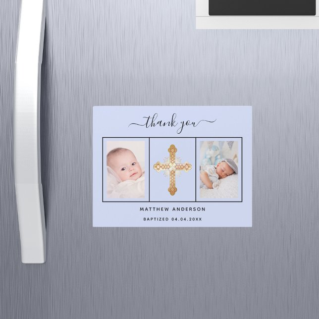 Invitation Magnétique Baptême bébé garçon bleu photo merci aimant (Créateur téléchargé)