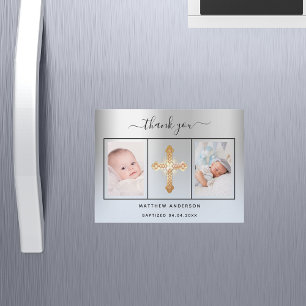 Invitation Magnétique Baptême garçon argent bleu photo merci aimant