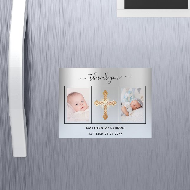 Invitation Magnétique Baptême garçon argent bleu photo merci aimant (Créateur téléchargé)