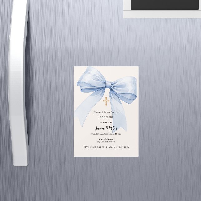 Invitation Magnétique Baptême garçon ruban bleu crème (Créateur téléchargé)