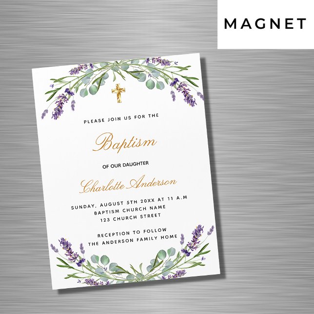 Invitation Magnétique Baptême lavande violet fleuri eucalyptus luxe (Créateur téléchargé)