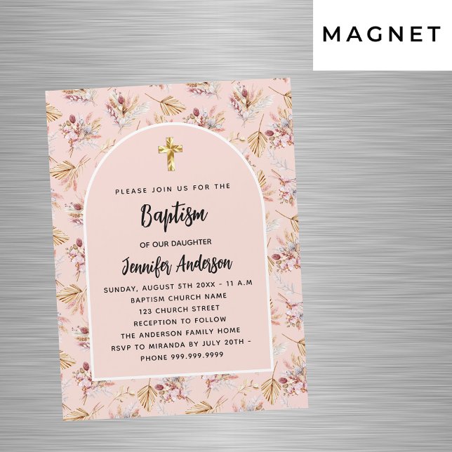 Invitation Magnétique Baptême Pampas fleurs rose or rose luxe (Créateur téléchargé)