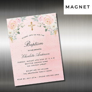 Invitation Magnétique Baptême rose poudré floral luxe