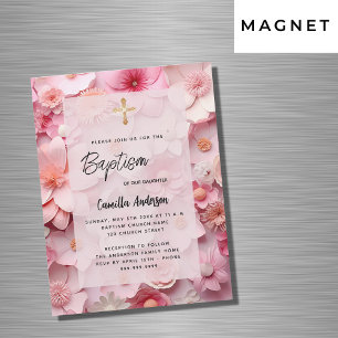 Invitation Magnétique Baptême rose rousse fleurs bébé fille luxe