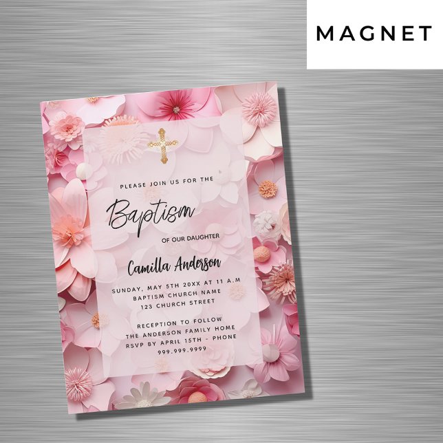 Invitation Magnétique Baptême rose rousse fleurs bébé fille luxe (Créateur téléchargé)
