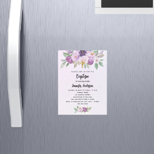 Invitation Magnétique Baptême violet fleurs verdure croisent luxe