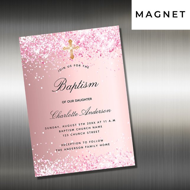 Invitation Magnétique Baptism blush pink glitter girl luxury (Créateur téléchargé)