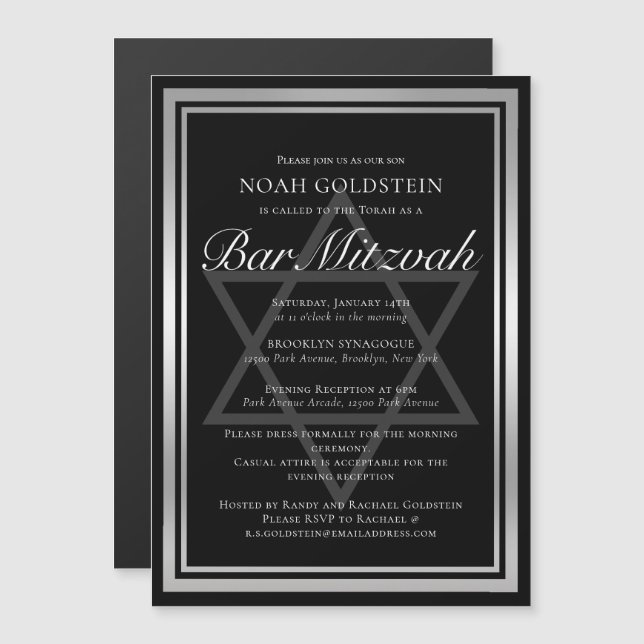 Invitation Magnétique Bar Mitzvah Formel Élégant Argenté et Noir (Devant / Derrière)
