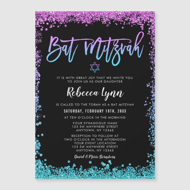 Invitation Magnétique Bat mitzvah de Parties scintillant Turquoise viole (Devant)