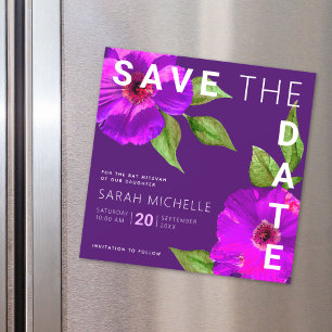 Invitation Magnétique Bat mitzvah Enregistrer la date Purple Floral Aqua