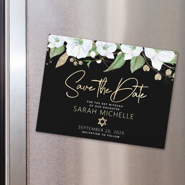 Invitation Magnétique Batz Mitzvah Script Floral Save the Date en or noi (Créateur téléchargé)