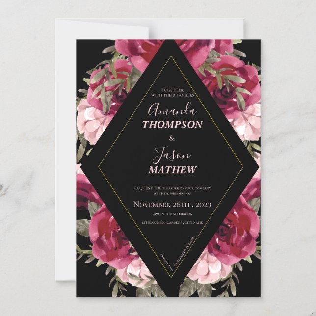 Invitation Magnétique Beau Mariage floral noir Bourgogne rose (Recto)