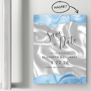 Invitation Magnétique Bébé Bleu Argent Agate Bleu Soie blanche Enregistr