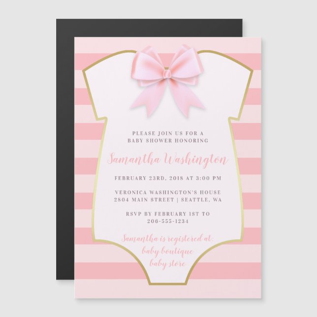 Invitation Magnétique Bébée mignonne Bow rose et Baby shower or (Devant / Derrière)