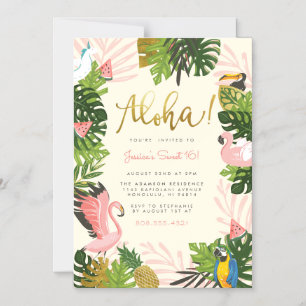 Invitation Magnétique Beige   Aloha Hawaii Tropical Gold Birthday Party