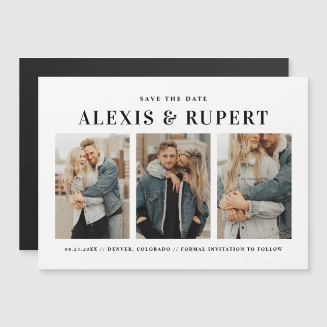 Invitation Magnétique Black Bold Typography Three Photo Save the Date (Devant / Derrière)