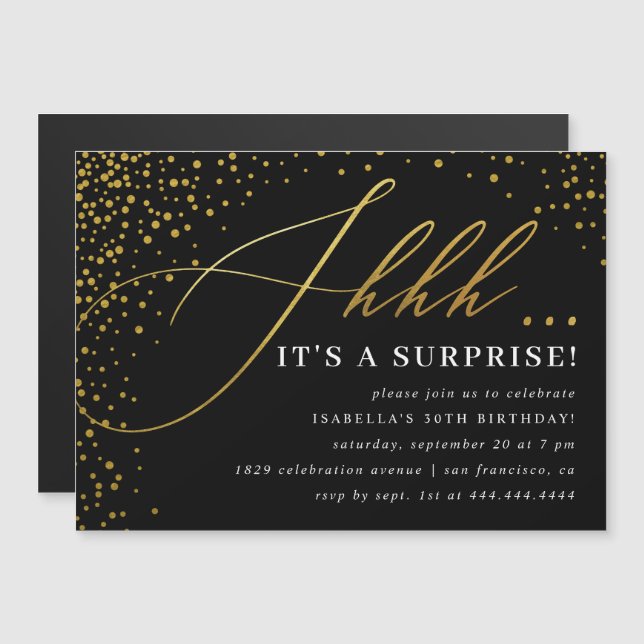 Invitation Magnétique Black & Gold Confetti Script Surprise Party (Devant / Derrière)