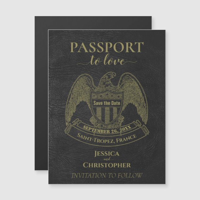 Invitation Magnétique Black Passport Destination Wedding Enregistrer la  (Devant / Derrière)