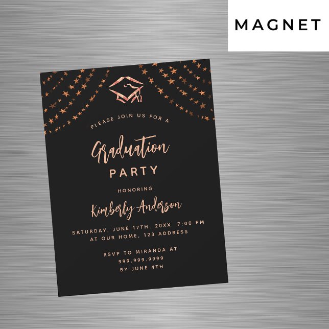 Invitation Magnétique Black rose or étoiles fête de graduation de luxe (Créateur téléchargé)