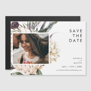 Invitation Magnétique Blanc Floral Horizontal Enregistrer La Date