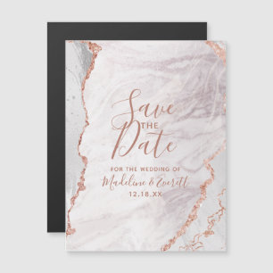 Invitation Magnétique Blanc & Rose Gold Agate Mariage Enregistrer la dat