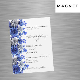Invitation Magnétique Bleu blanc fleurs script mariage de luxe