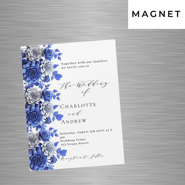 Invitation Magnétique Bleu blanc fleurs script mariage de luxe (Créateur téléchargé)