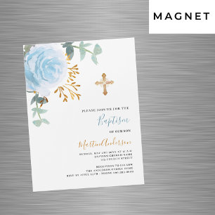 Invitation Magnétique Bleu floral verdure or croix garçon luxe baptême