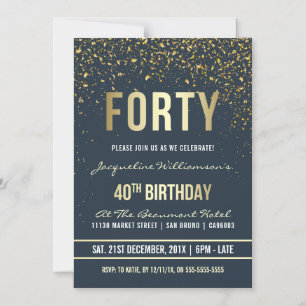 Invitation Magnétique Bleu foncé   Gold Confetti 40e fête d'anniversaire