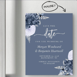 Invitation Magnétique Bleu Poussiéreux Argent Floral Mariage Épargnez la