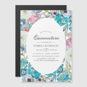 Invitation Magnétique Bleu Poussiéreux et Floral Turquoise Quinceañera