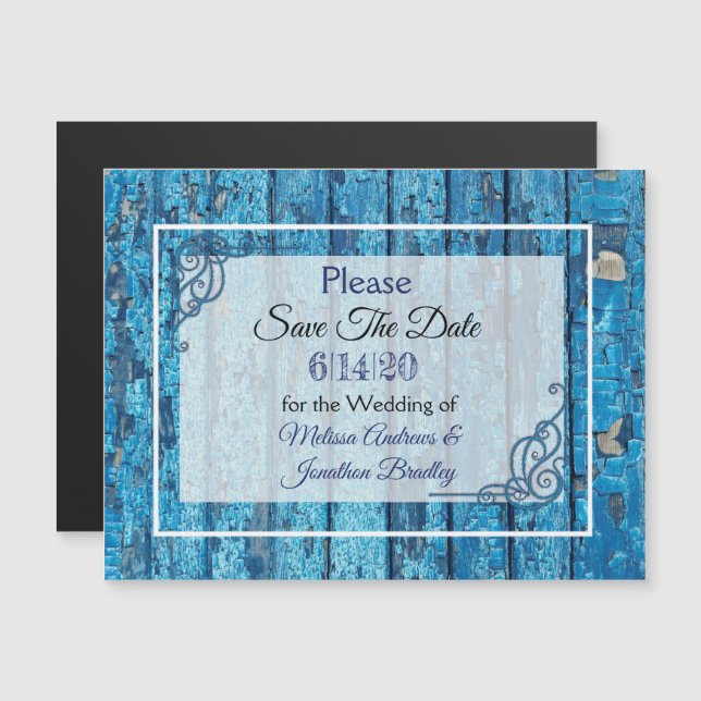 Invitation Magnétique Bleu Rustique Bois Enregistrer le Mariage de date (Devant / Derrière)
