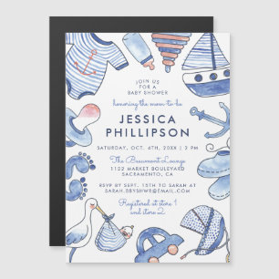 Invitation Magnétique Blue Baby Sailor  Aquarelle Baby shower nautique