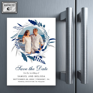 Invitation Magnétique Blue Floral Wreath Photo Wedding Enregistrer la da