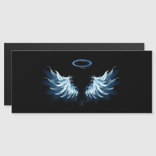 Invitation Magnétique Blue Glowing Angel Wings on black background