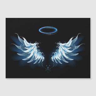 Invitation Magnétique Blue Glowing Angel Wings on black background
