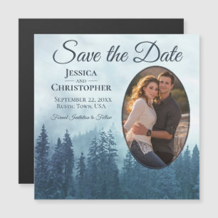 Invitation Magnétique Blue Pines Rustique Oval Photo Wedding Enregistrer