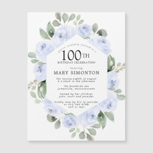 Invitation Magnétique Blue Rose Floral Eucalyptus 100e anniversaire