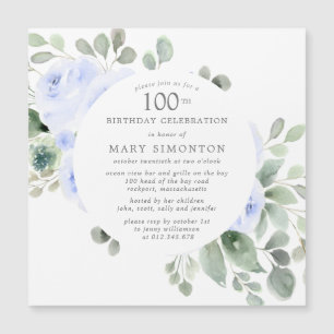 Invitation Magnétique Blue Rose Floral Eucalyptus 100e fête d'anniversai