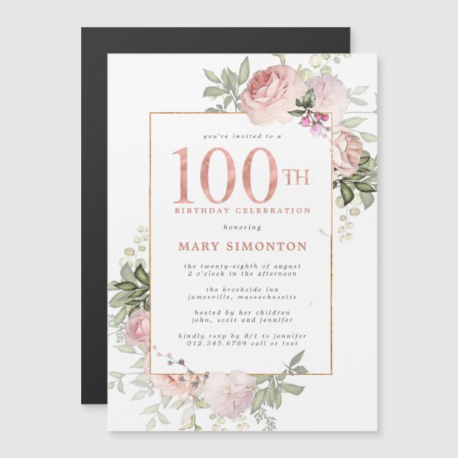 Invitation Magnétique Blush Pink Gold Floral 100e fête d'anniversaire (Devant / Derrière)