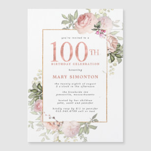 Invitation Magnétique Blush Pink Gold Floral 100e fête d'anniversaire