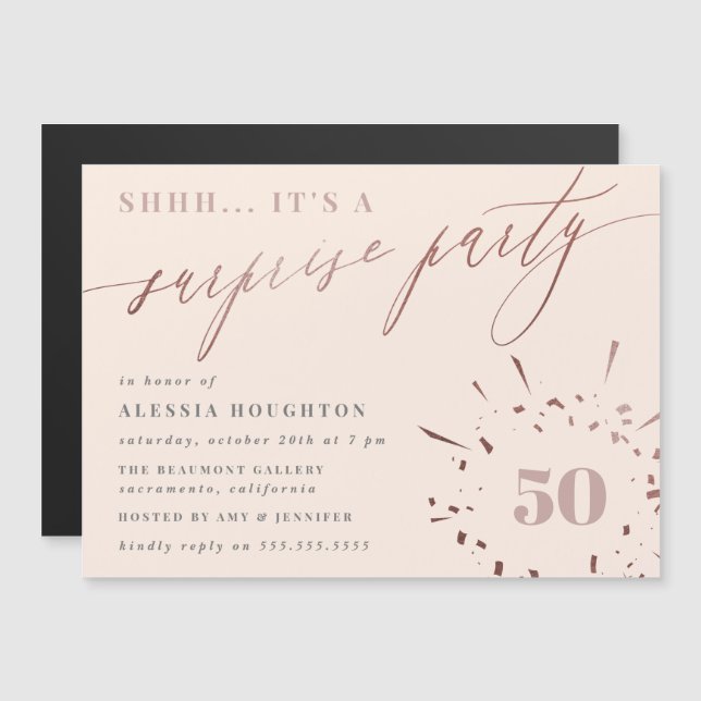 Invitation Magnétique Blush & Rose Gold Script Surprise Party (Devant / Derrière)